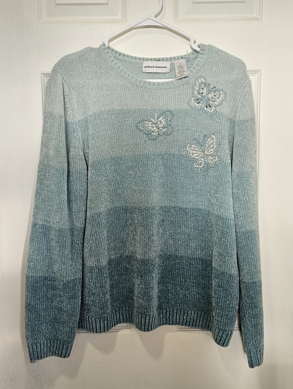 Alfred Dunner Teal to Light Blue Ombre Butterfly Crewneck Sweater